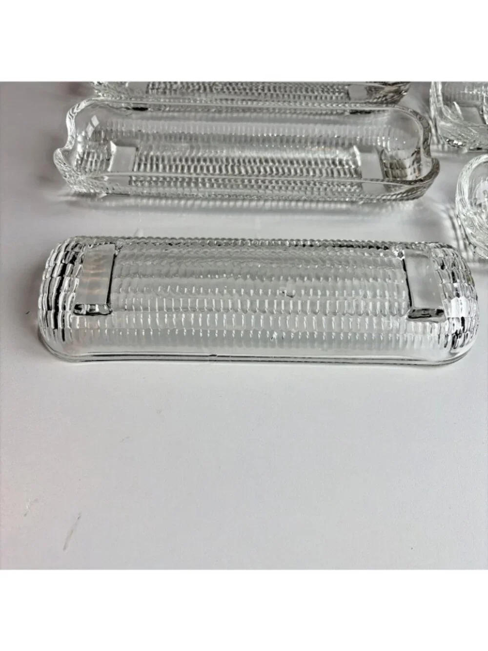 6 Vintage Corn On The Cob Dishes Holders Heavy Embossed Clear Glass 8” Footed